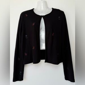 Vintage Talbots Black Embroidered Floral One Button Open front Cardigan Women M